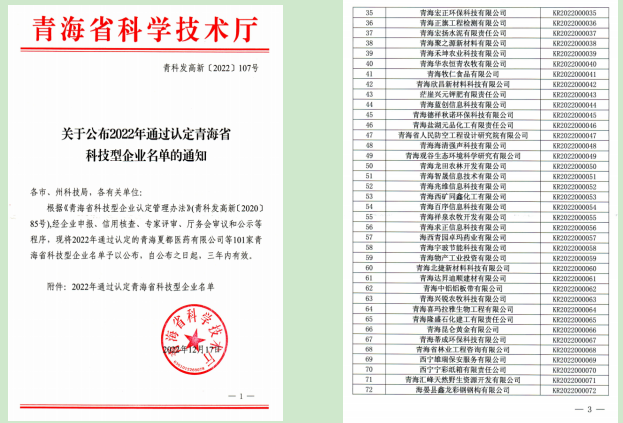 工投公司被青海省科技廳成功認定為&ldquo;青海省科技型企業&rdquo;